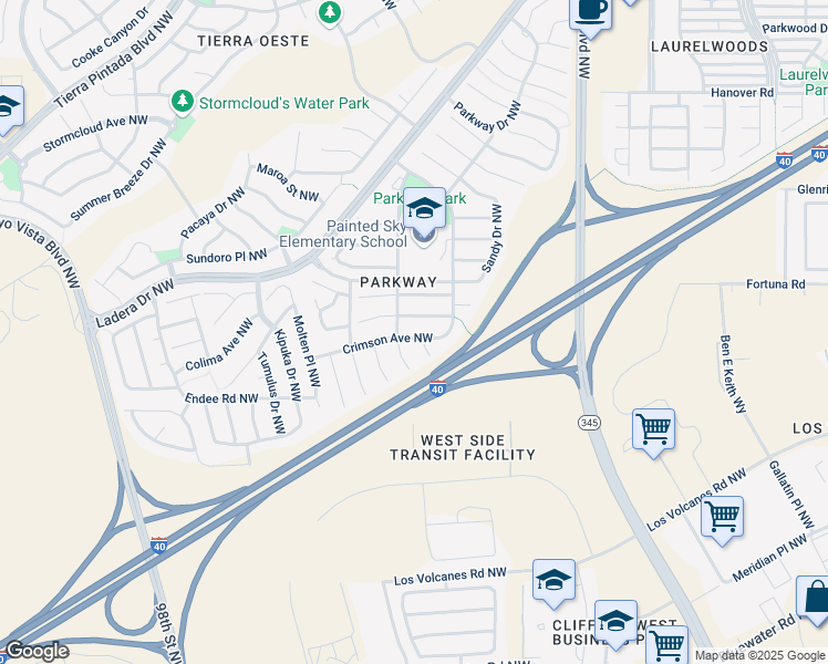 map of restaurants, bars, coffee shops, grocery stores, and more near 525 Parkland View Street Northwest in Albuquerque