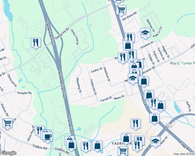 map of restaurants, bars, coffee shops, grocery stores, and more near 446 Allwood Drive in Fayetteville