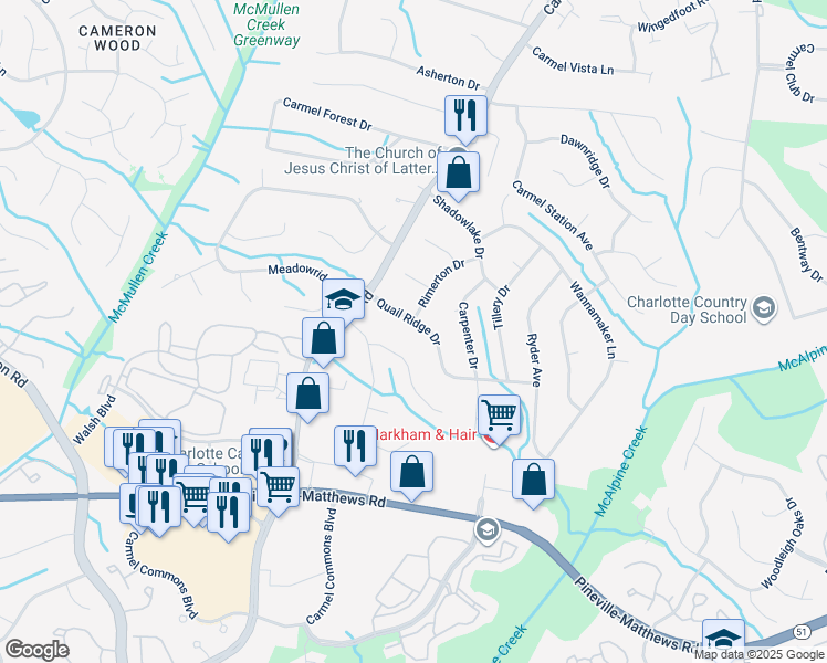 map of restaurants, bars, coffee shops, grocery stores, and more near 7311 Quail Ridge Drive in Charlotte