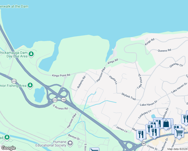 map of restaurants, bars, coffee shops, grocery stores, and more near 3407 Harrison Pike in Chattanooga