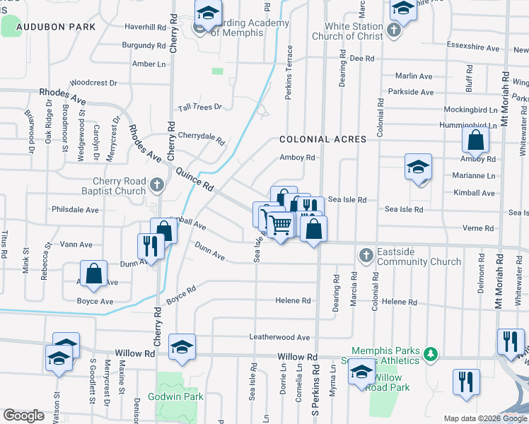 map of restaurants, bars, coffee shops, grocery stores, and more near in Memphis