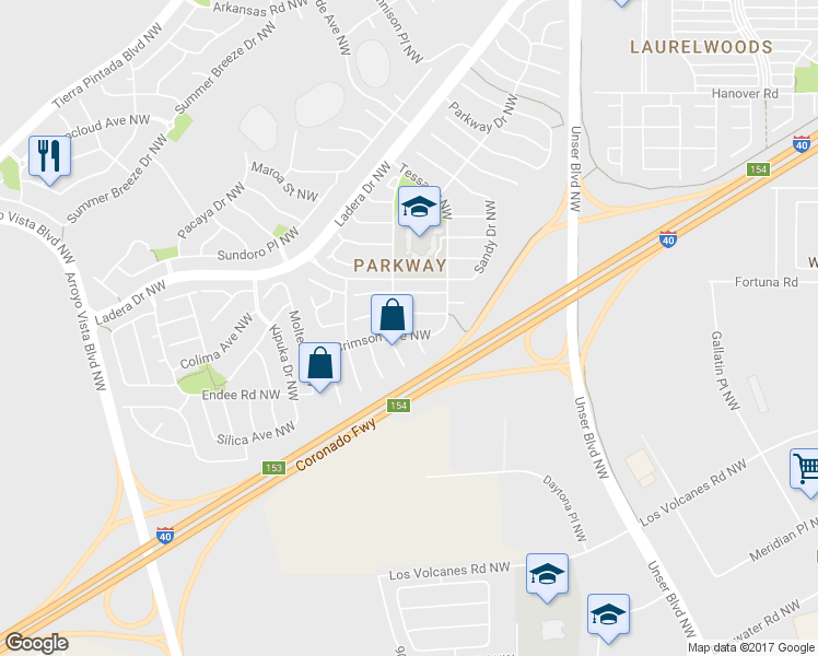 map of restaurants, bars, coffee shops, grocery stores, and more near 525 Parkland View Street Northwest in Albuquerque