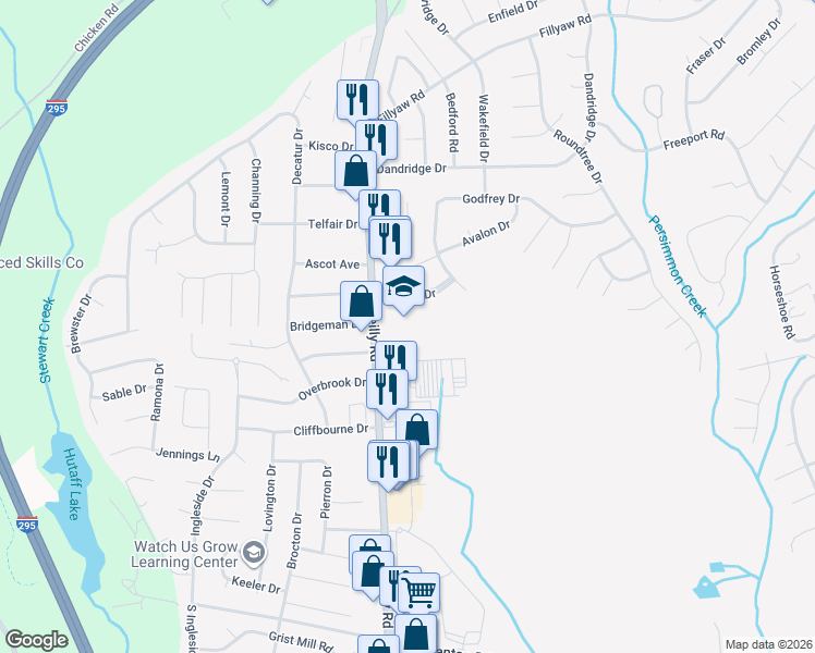 map of restaurants, bars, coffee shops, grocery stores, and more near 430 North Reilly Road in Fayetteville