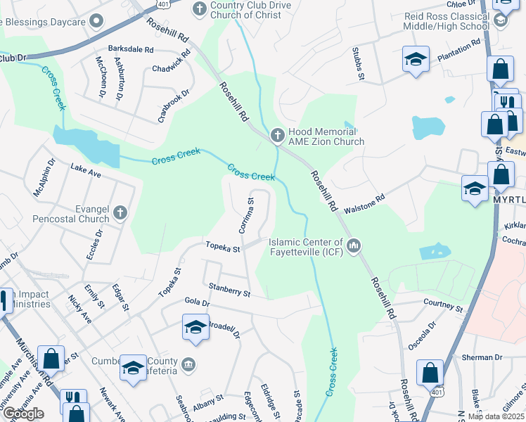 map of restaurants, bars, coffee shops, grocery stores, and more near 2060 Corrinna Street in Fayetteville
