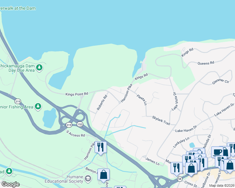 map of restaurants, bars, coffee shops, grocery stores, and more near 3407 Harrison Pike in Chattanooga