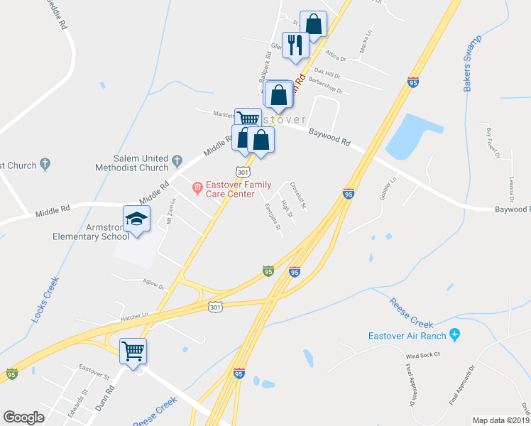 map of restaurants, bars, coffee shops, grocery stores, and more near 3312 Eastgate Street in Eastover
