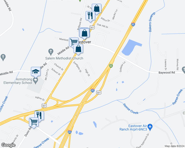 map of restaurants, bars, coffee shops, grocery stores, and more near 2432 Crosshill Street in Eastover