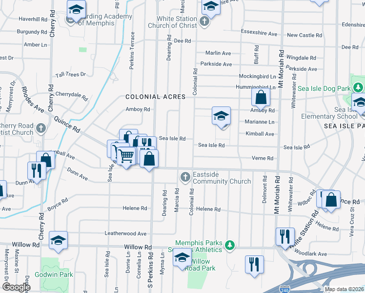 map of restaurants, bars, coffee shops, grocery stores, and more near 1433 Colonial Road in Memphis