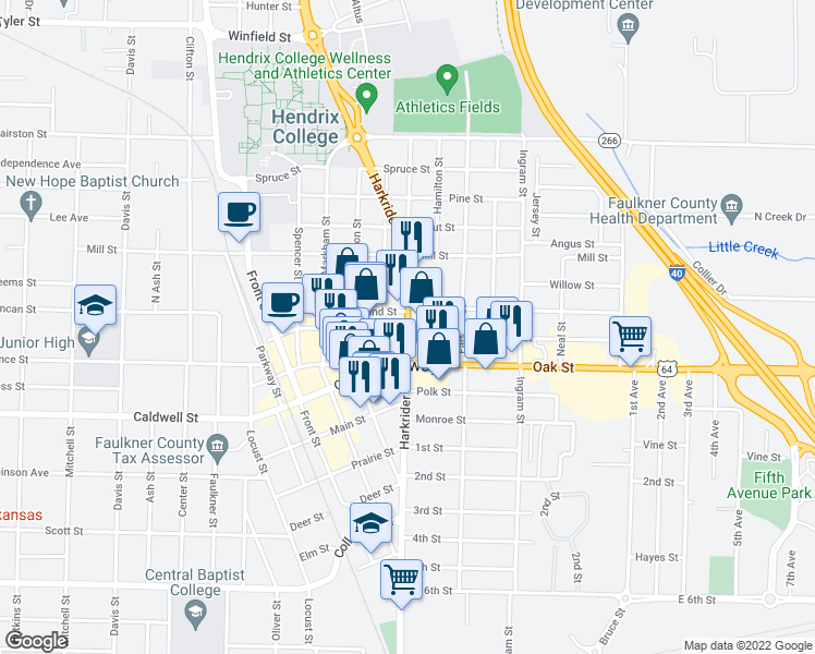 map of restaurants, bars, coffee shops, grocery stores, and more near Harkrider Street in Conway