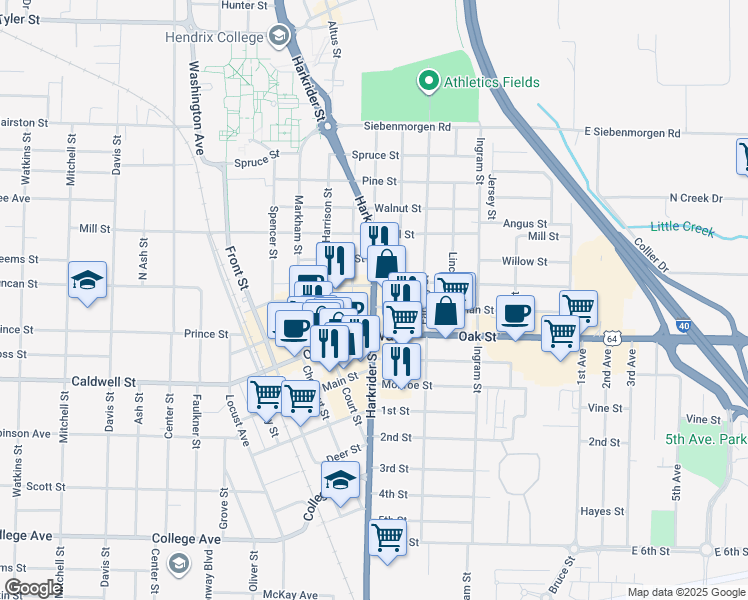 map of restaurants, bars, coffee shops, grocery stores, and more near Harkrider Street in Conway