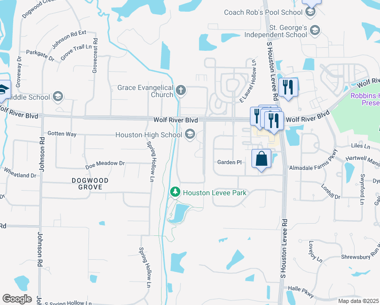 map of restaurants, bars, coffee shops, grocery stores, and more near 9755 Wolf River Boulevard in Germantown