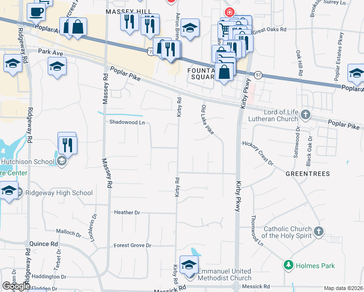 map of restaurants, bars, coffee shops, grocery stores, and more near 2072 Kirby Road in Memphis