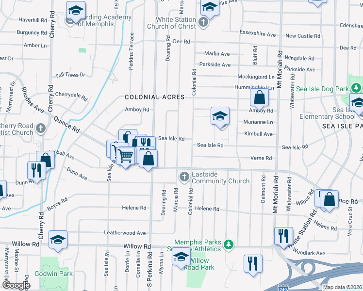 map of restaurants, bars, coffee shops, grocery stores, and more near 1433 Colonial Road in Memphis