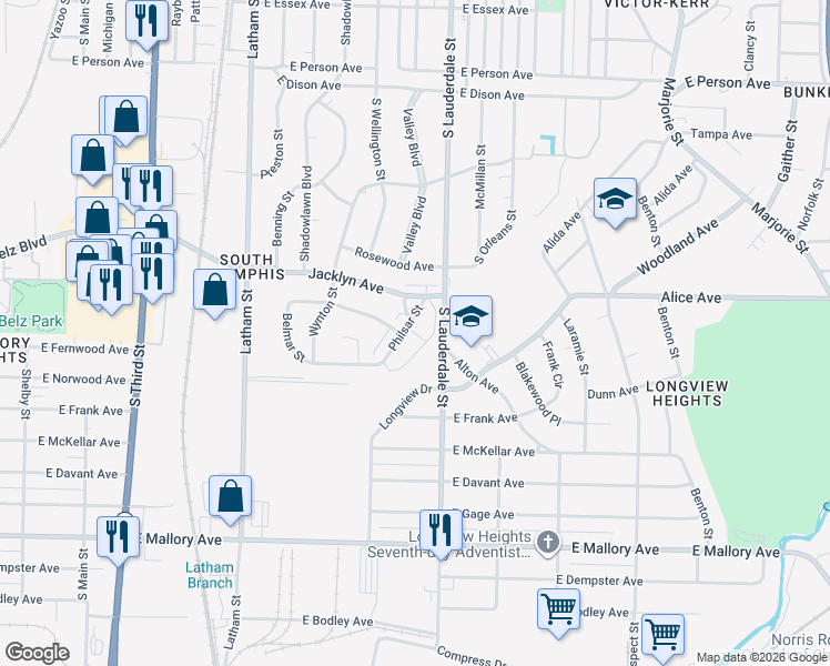 map of restaurants, bars, coffee shops, grocery stores, and more near 1998 Philsar Street in Memphis