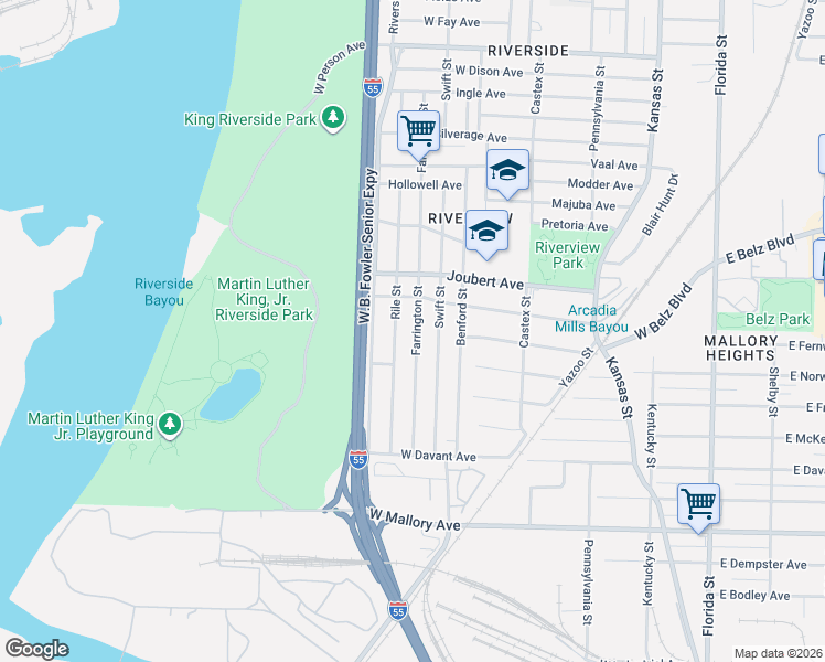 map of restaurants, bars, coffee shops, grocery stores, and more near 2022 Rile Street in Memphis