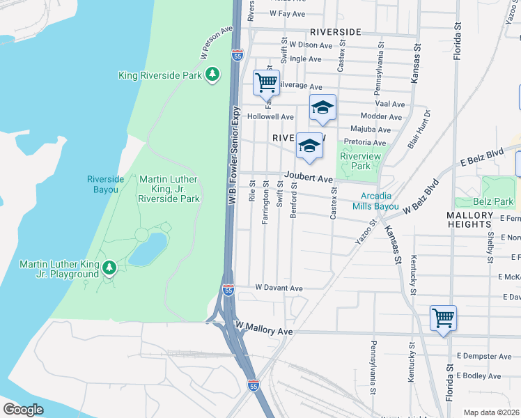 map of restaurants, bars, coffee shops, grocery stores, and more near 2022 Rile Street in Memphis
