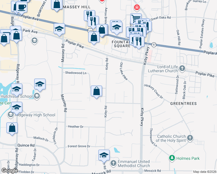 map of restaurants, bars, coffee shops, grocery stores, and more near 2072 Kirby Road in Memphis