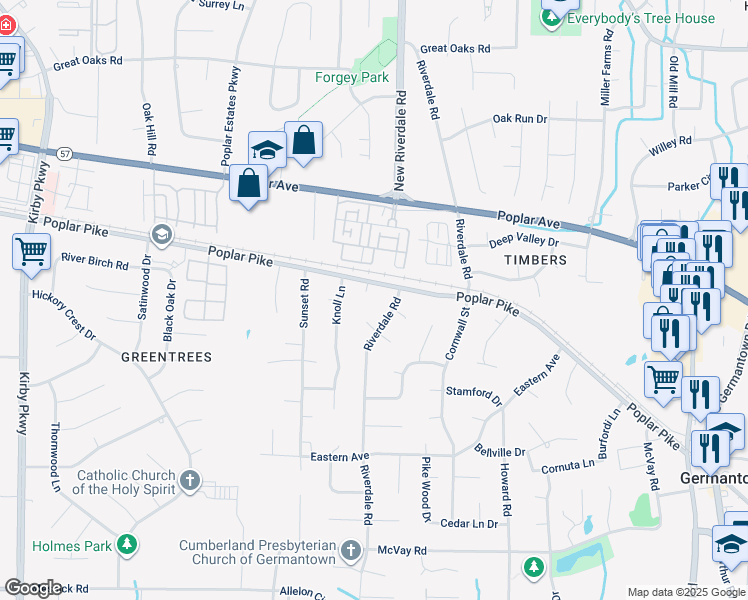 map of restaurants, bars, coffee shops, grocery stores, and more near 2065 Riverdale Road in Memphis