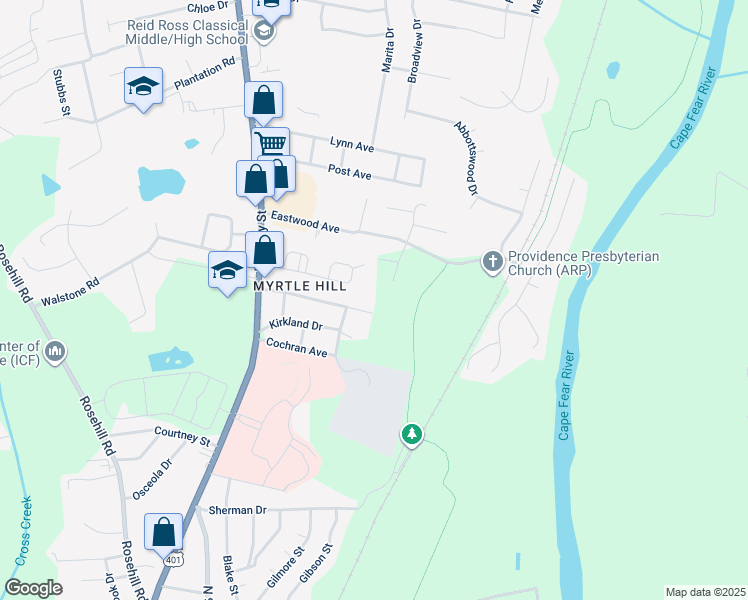 map of restaurants, bars, coffee shops, grocery stores, and more near 307 Brainerd Avenue in Fayetteville