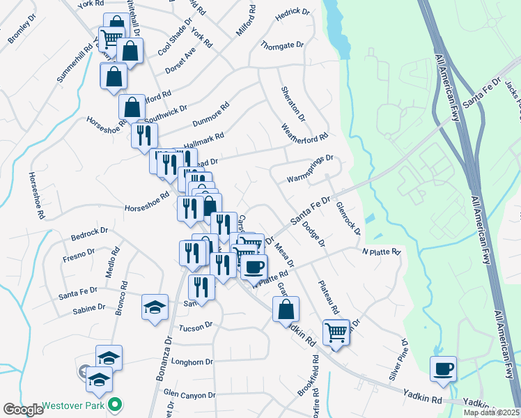 map of restaurants, bars, coffee shops, grocery stores, and more near 5626 Carson Drive in Fayetteville