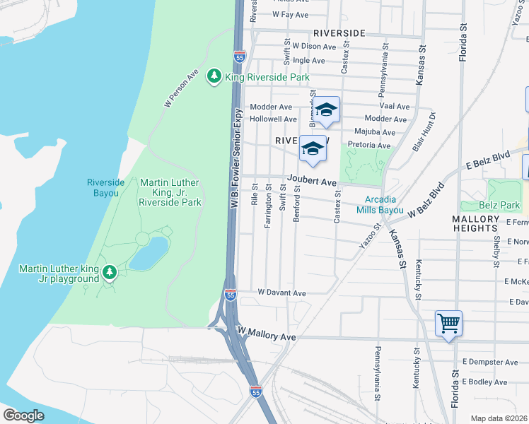 map of restaurants, bars, coffee shops, grocery stores, and more near 2001 Farrington Street in Memphis