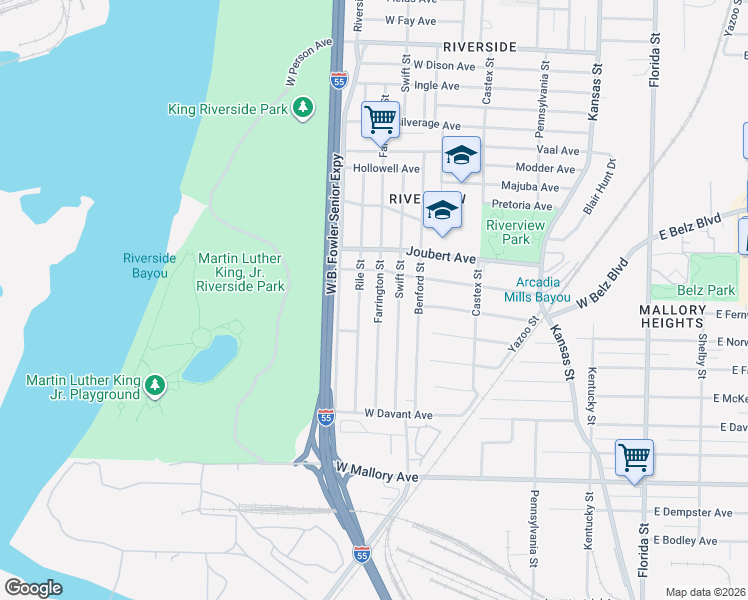 map of restaurants, bars, coffee shops, grocery stores, and more near 2022 Rile Street in Memphis