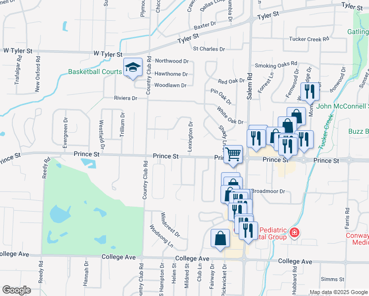 map of restaurants, bars, coffee shops, grocery stores, and more near 1 Lexington Drive in Conway