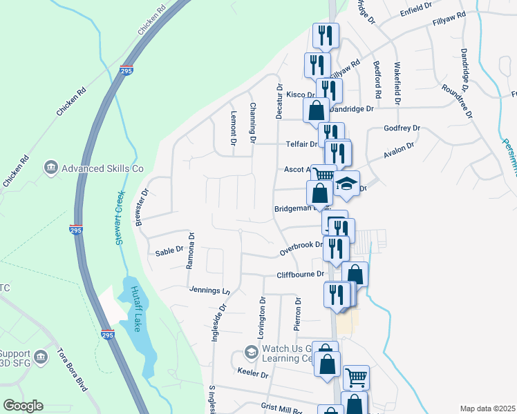 map of restaurants, bars, coffee shops, grocery stores, and more near 254 Channing Drive in Fayetteville