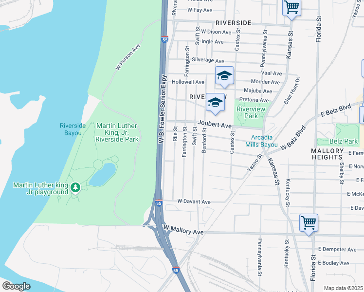 map of restaurants, bars, coffee shops, grocery stores, and more near 2022 Rile Street in Memphis