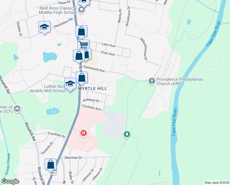 map of restaurants, bars, coffee shops, grocery stores, and more near 307 Brainerd Avenue in Fayetteville