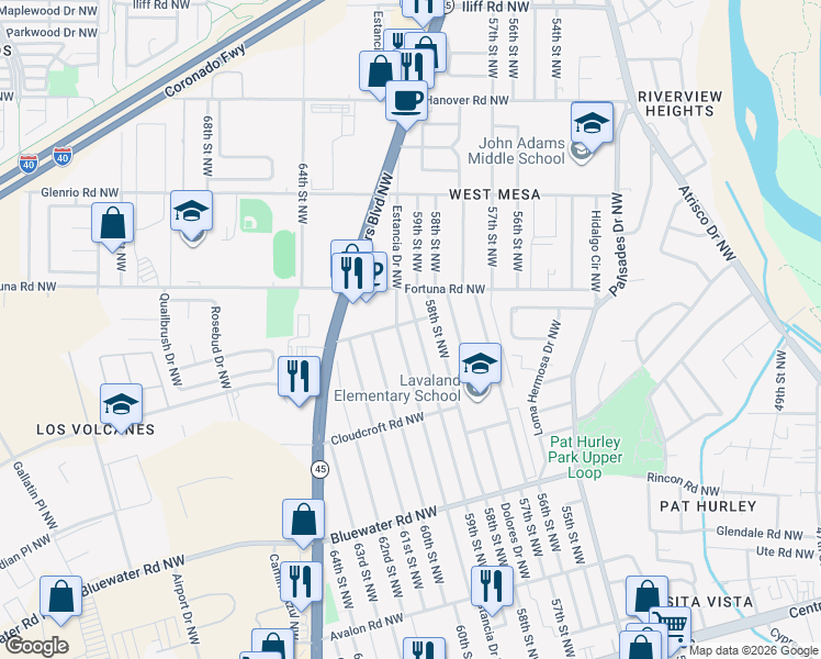 map of restaurants, bars, coffee shops, grocery stores, and more near 565 59th Street Northwest in Albuquerque