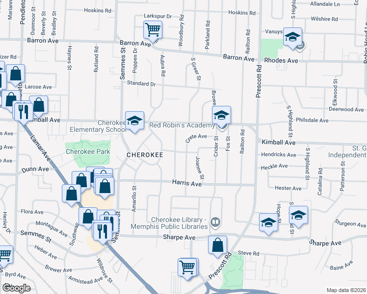 map of restaurants, bars, coffee shops, grocery stores, and more near 3195 Hendricks Avenue in Memphis