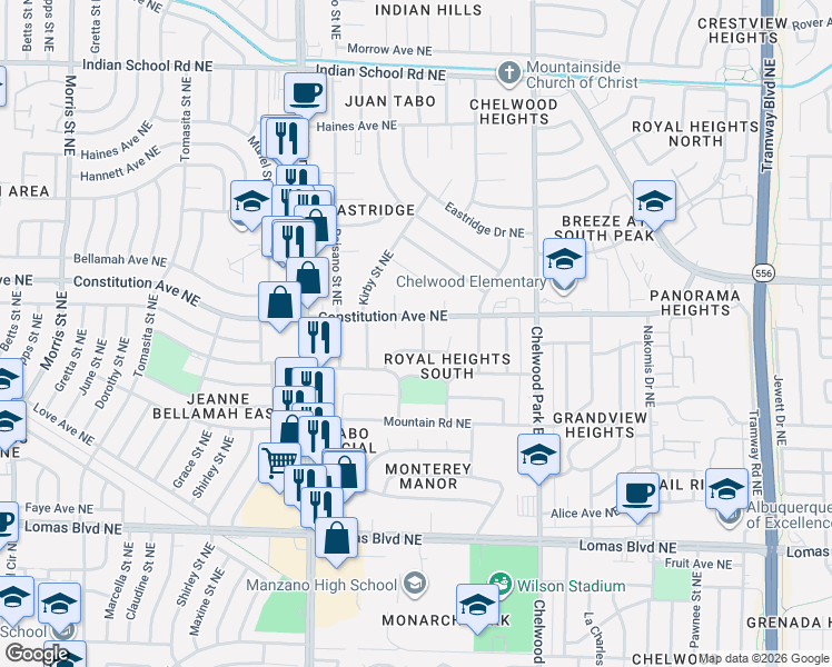 map of restaurants, bars, coffee shops, grocery stores, and more near 12304 Kinley Avenue Northeast in Albuquerque