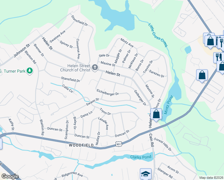 map of restaurants, bars, coffee shops, grocery stores, and more near 1827 Eichelberger Drive in Fayetteville