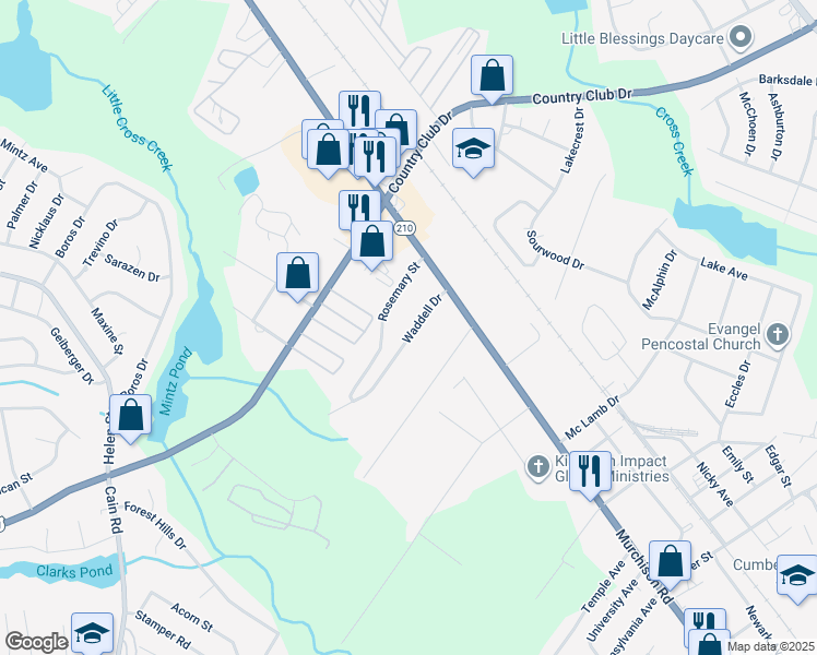map of restaurants, bars, coffee shops, grocery stores, and more near 1208 Superior Pointe Place in Fayetteville