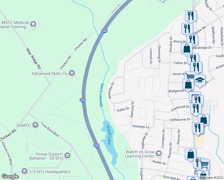 map of restaurants, bars, coffee shops, grocery stores, and more near 258 Brewster Drive in Fayetteville