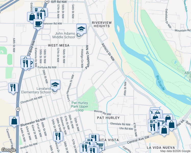 map of restaurants, bars, coffee shops, grocery stores, and more near 5160 Lomas De Atrisco Road Northwest in Albuquerque