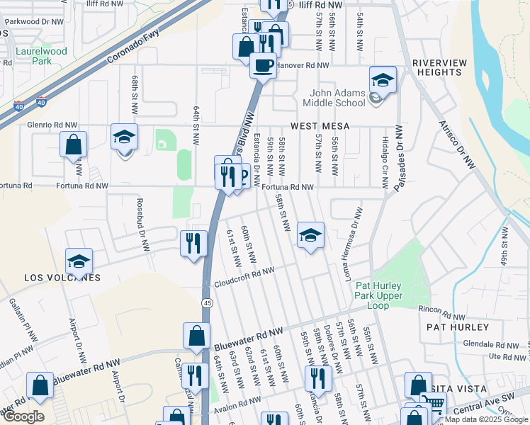 map of restaurants, bars, coffee shops, grocery stores, and more near 559 59th Street Northwest in Albuquerque