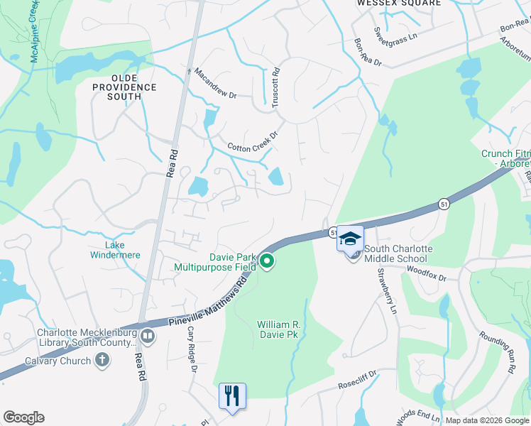map of restaurants, bars, coffee shops, grocery stores, and more near 4503 Binfords Ridge Road in Charlotte