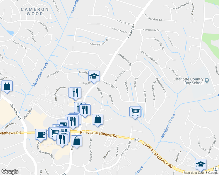 map of restaurants, bars, coffee shops, grocery stores, and more near 7336 Connan Lane in Charlotte