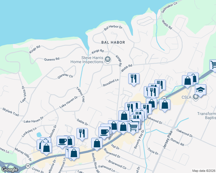 map of restaurants, bars, coffee shops, grocery stores, and more near 3903 Merrywood Lane in Chattanooga