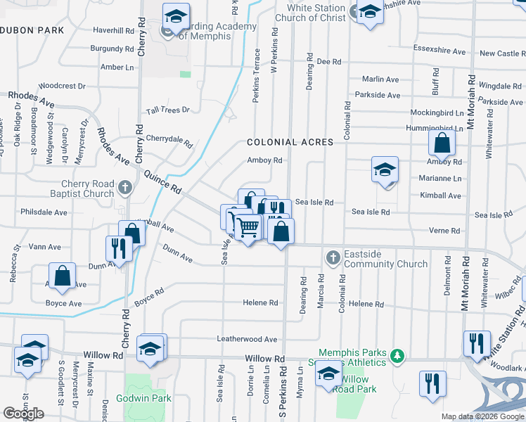 map of restaurants, bars, coffee shops, grocery stores, and more near 4611 Verne Road in Memphis