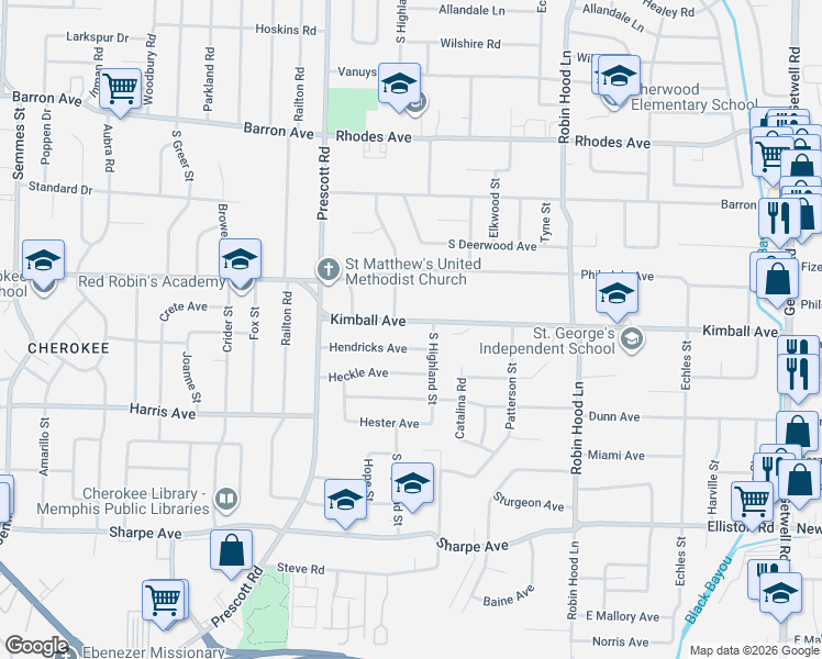 map of restaurants, bars, coffee shops, grocery stores, and more near 3500 Hendricks Avenue in Memphis