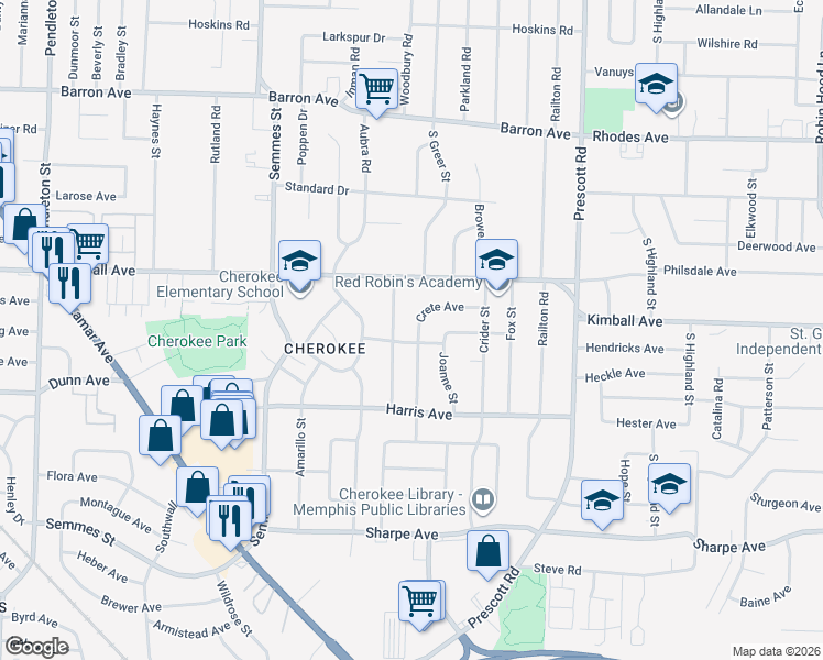 map of restaurants, bars, coffee shops, grocery stores, and more near 3195 Hendricks Avenue in Memphis