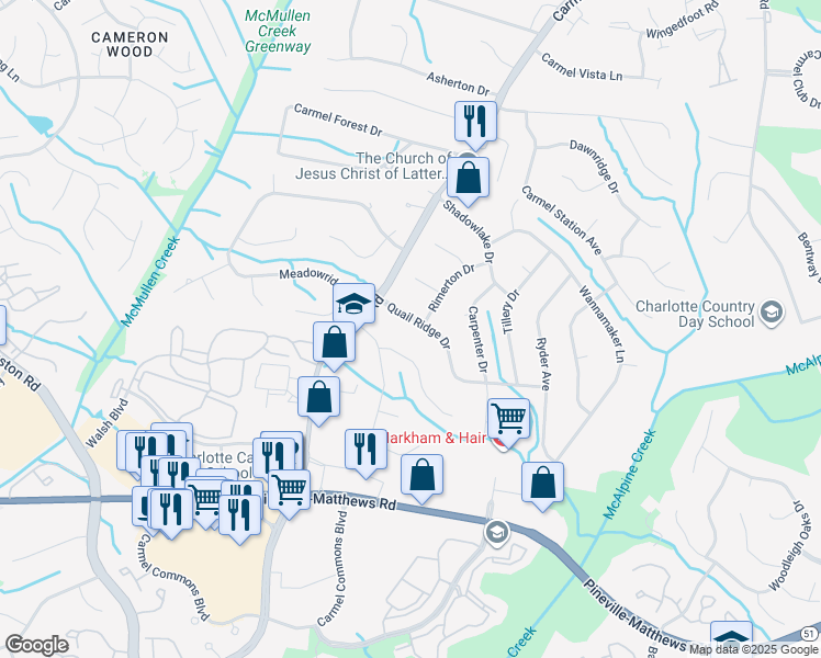 map of restaurants, bars, coffee shops, grocery stores, and more near 7336 Connan Lane in Charlotte