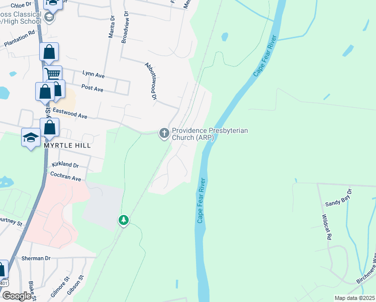 map of restaurants, bars, coffee shops, grocery stores, and more near 506 Waterview Court in Fayetteville