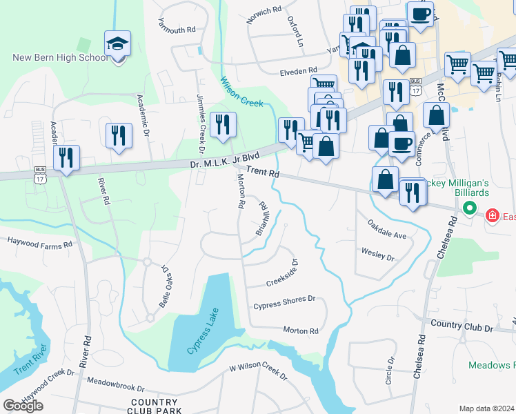 map of restaurants, bars, coffee shops, grocery stores, and more near 4804 Briarhill Road in New Bern