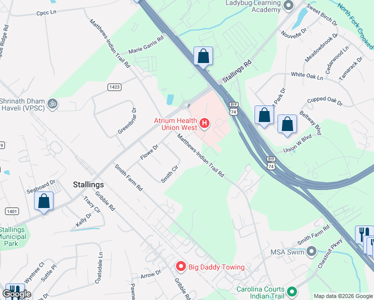 map of restaurants, bars, coffee shops, grocery stores, and more near 330 Smith Circle in Matthews