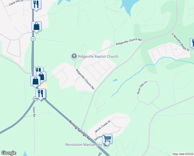 map of restaurants, bars, coffee shops, grocery stores, and more near 377 Trail Crossing Lane in Inman