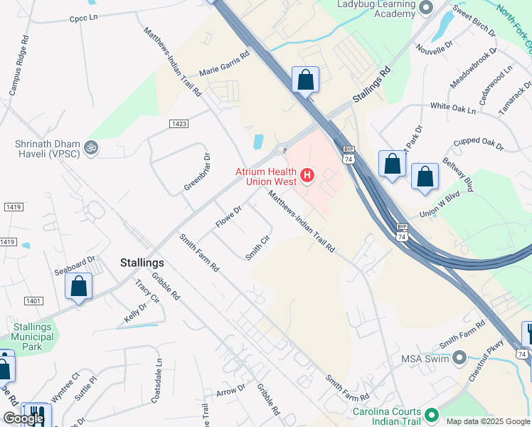 map of restaurants, bars, coffee shops, grocery stores, and more near 406 Smith Circle in Matthews